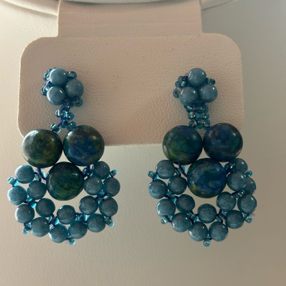Hand crafted Beaded Stud Earrings Denim Lapis and Chrysocolla beads 2 inches - Picture 3 of 5